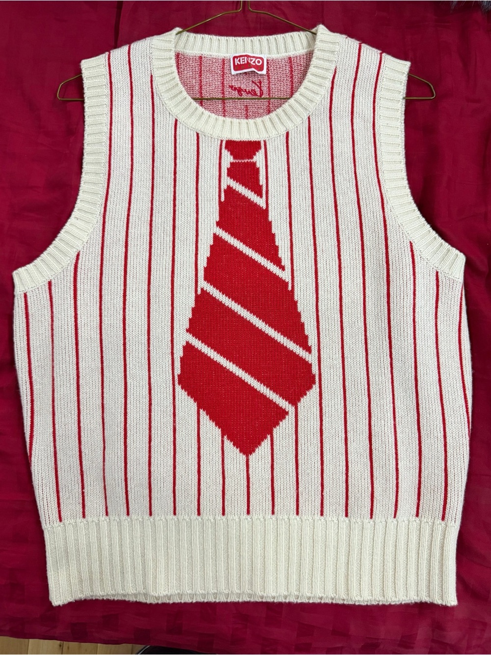 Kenzo White Knit Vest with Red Tie Graphic